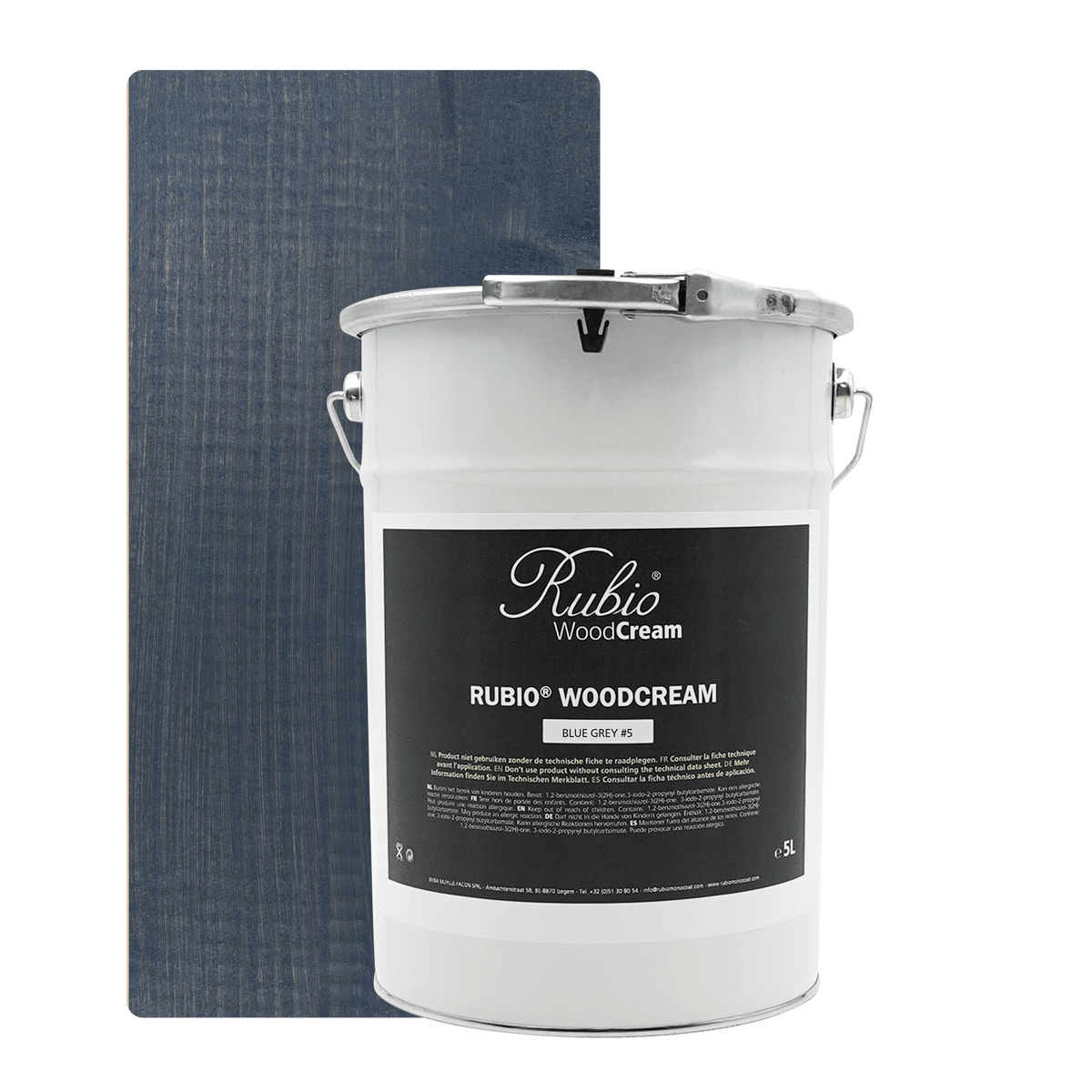 Stor dunk med Rubio Monocoat WoodCream i farven Blue Grey #5, 5 L, til lodret træ udendørs