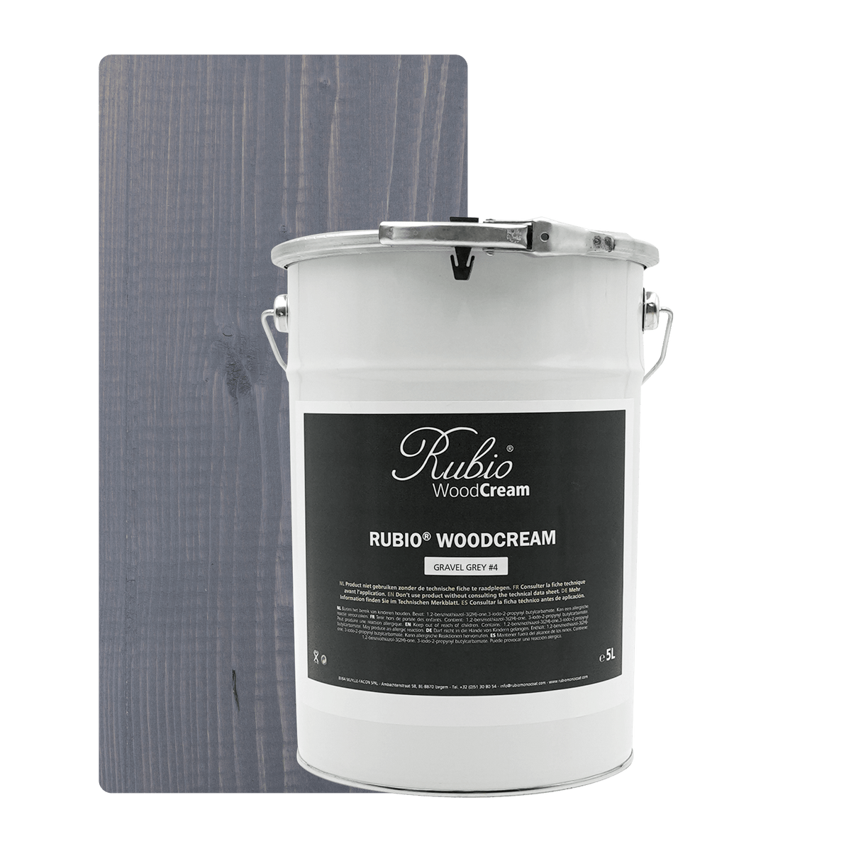 Stor dunk med Rubio Monocoat WoodCream i farven Gravel Grey #4, 5 L, til lodret træ udendørs