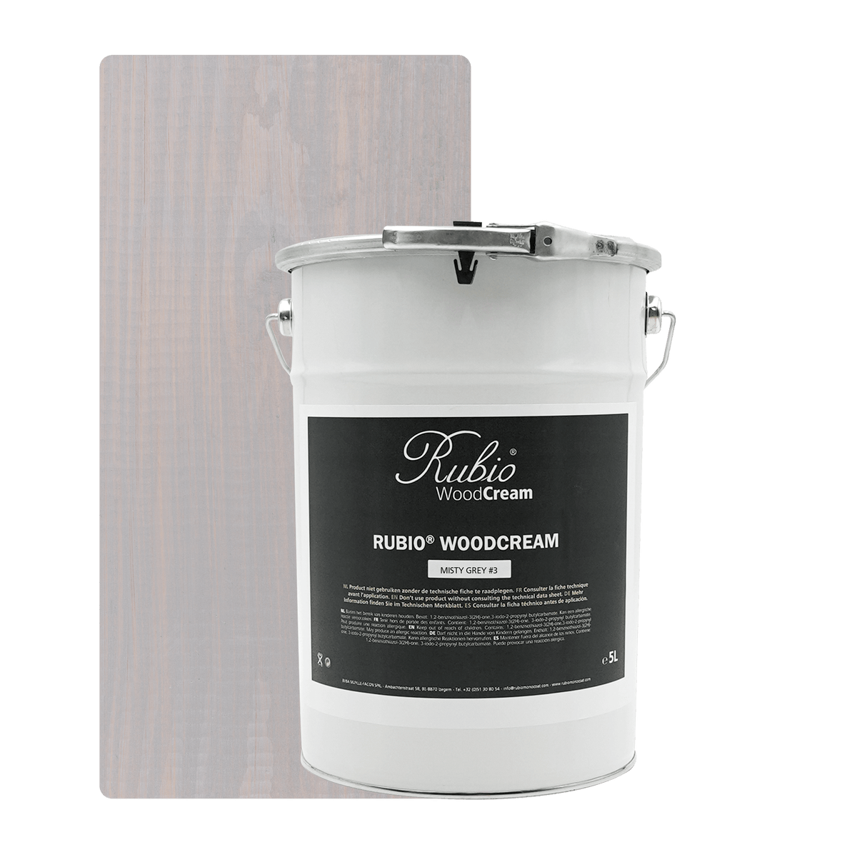 Stor dunk med Rubio Monocoat WoodCream i farven Misty Grey #3, 5 L, til lodret træ udendørs