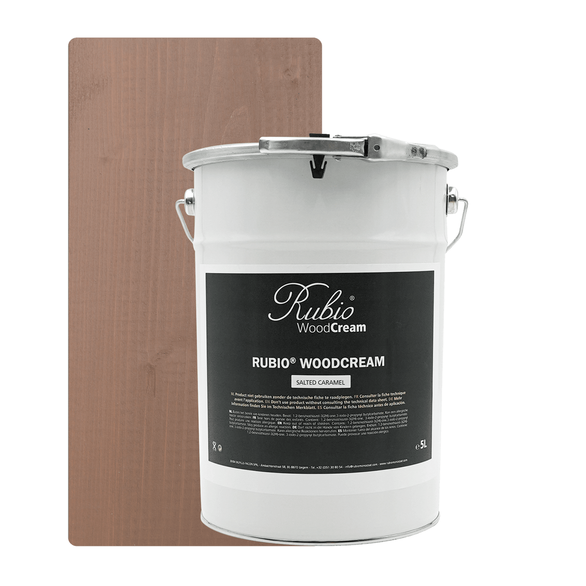 Dunk med Rubio Monocoat WoodCream i farven Salted Caramel, 5 L, voksbaseret creme til lodret træ udendørs