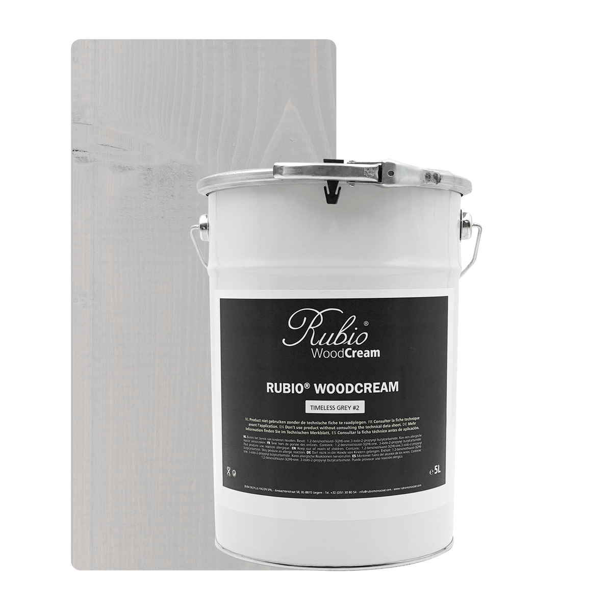 Stor dunk med Rubio Monocoat WoodCream i farven Timeless Grey #2, 5 L, til lodret træ udendørs