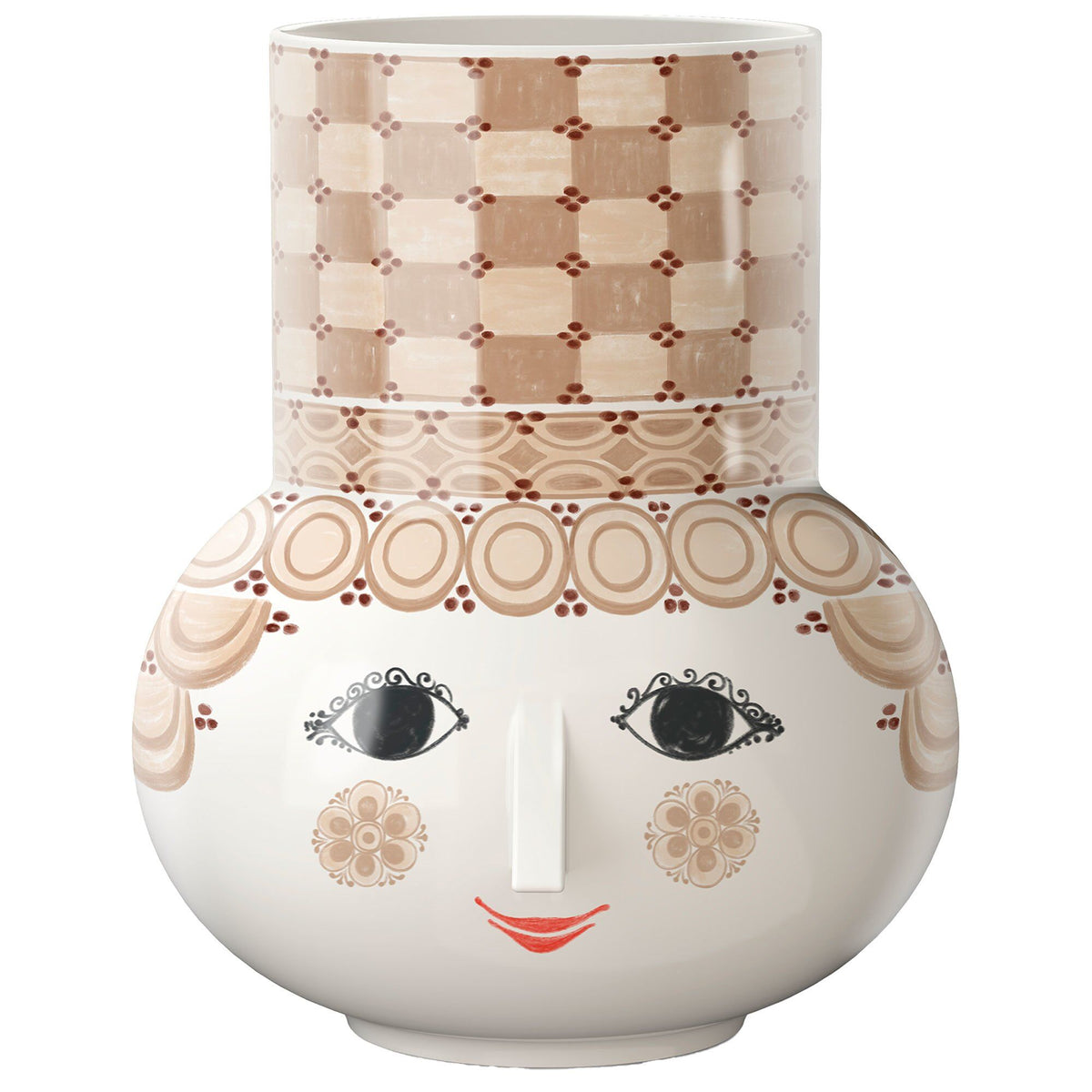 Sandfarvet Olga vase på 35 cm fra Bjørn Wiinblad med smil og mandelformede øjne