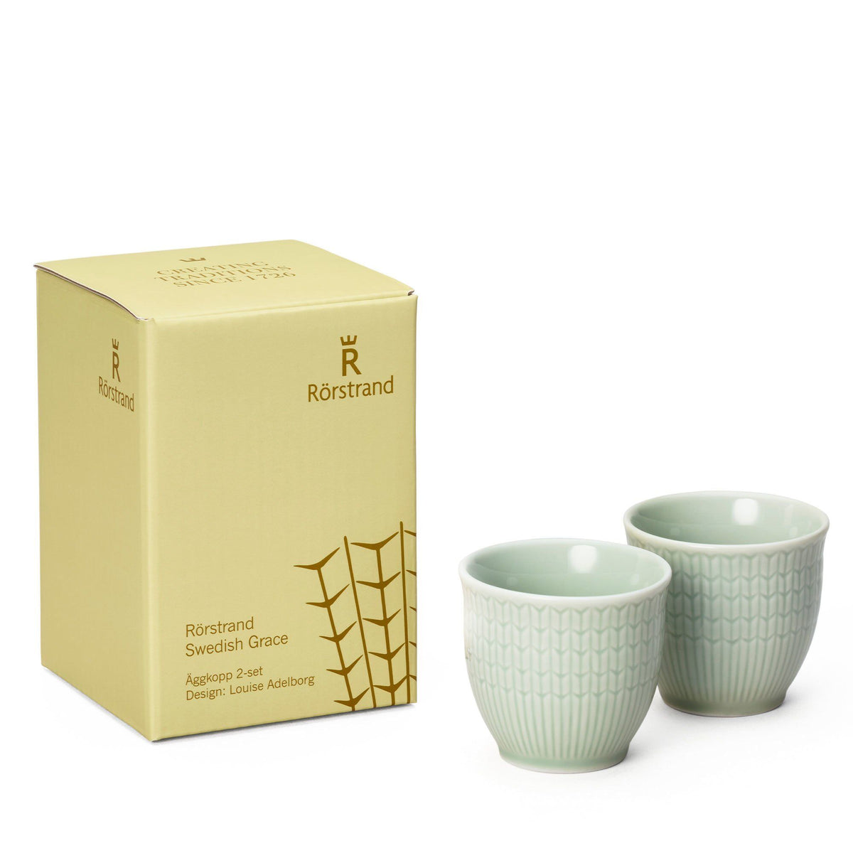 To æggebægre i feldspatporcelæn i farven eng fra Rörstrand Swedish Grace