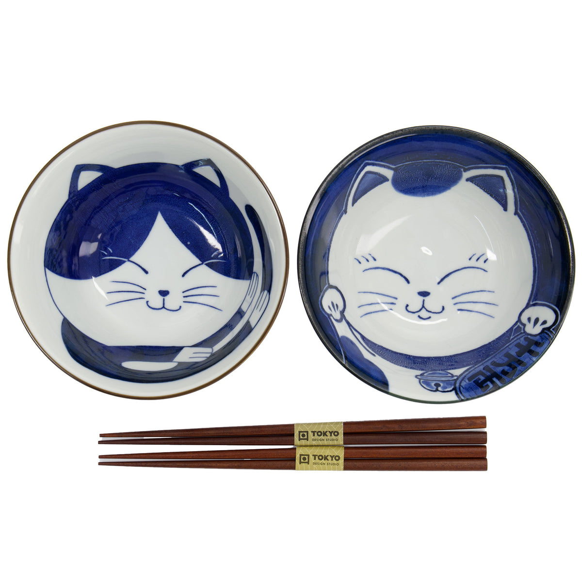 Tokyo Design Studio Kawaii Cat gavesæt med to skåle med kattemotiv og spisepinde