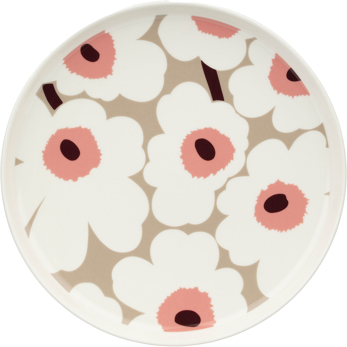 Marimekko Unikko tallerken 25 cm med blomstermønster i hvid, beige og rosa