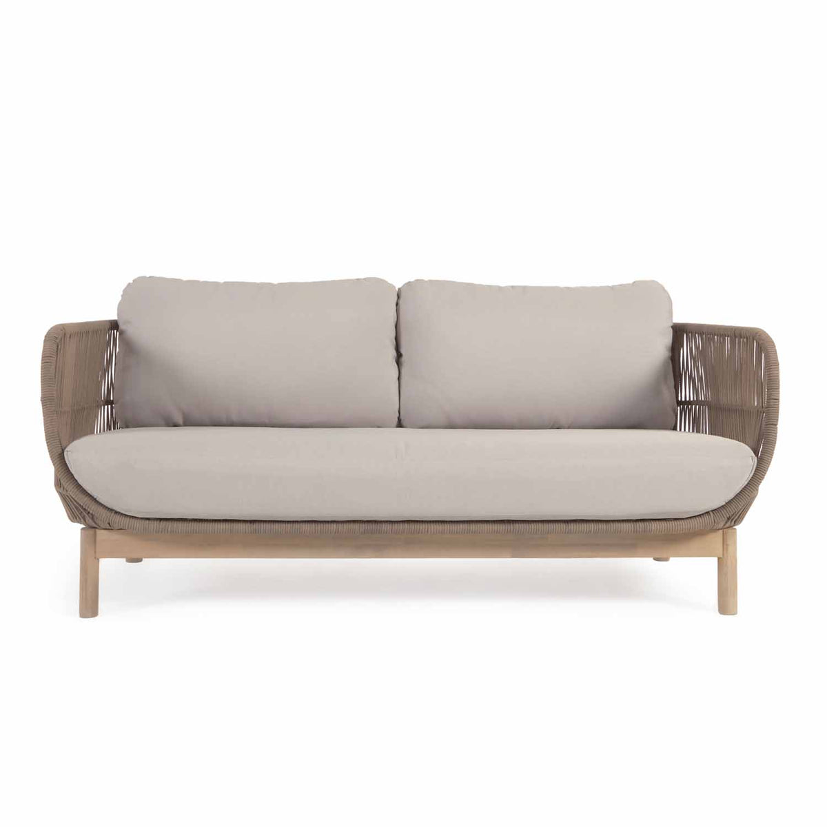Kave Home Catalina 3 personers havesofa med armlæn og hynder i beige reb og akacietræ