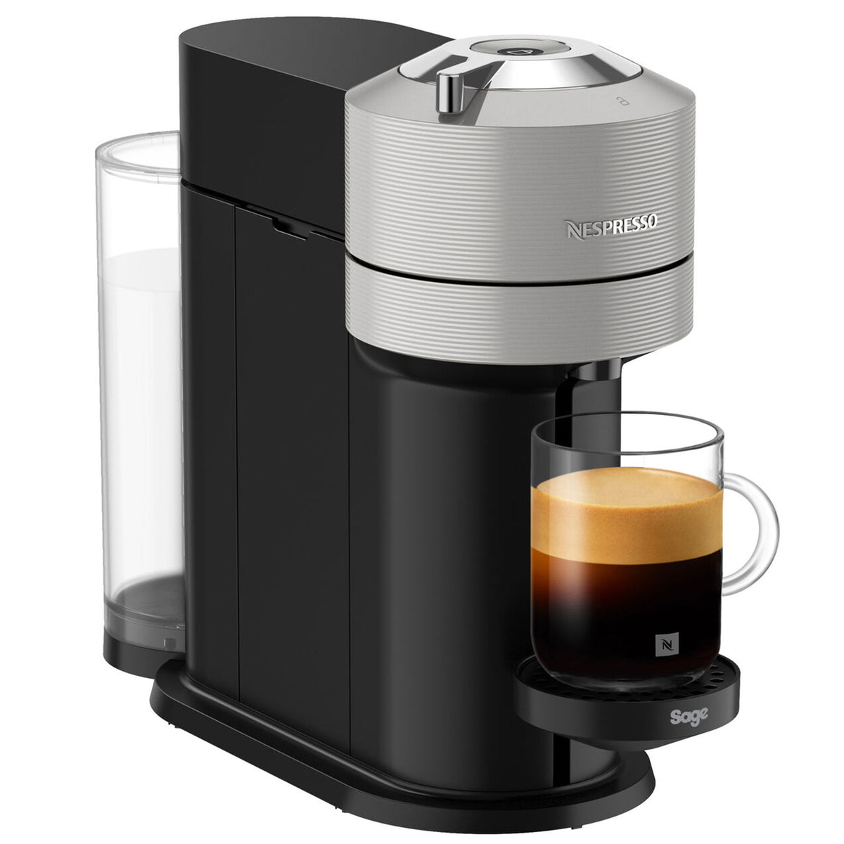 Lysegrå Nespresso Vertuo Next kapselmaskine fra Sage, model SNV 520