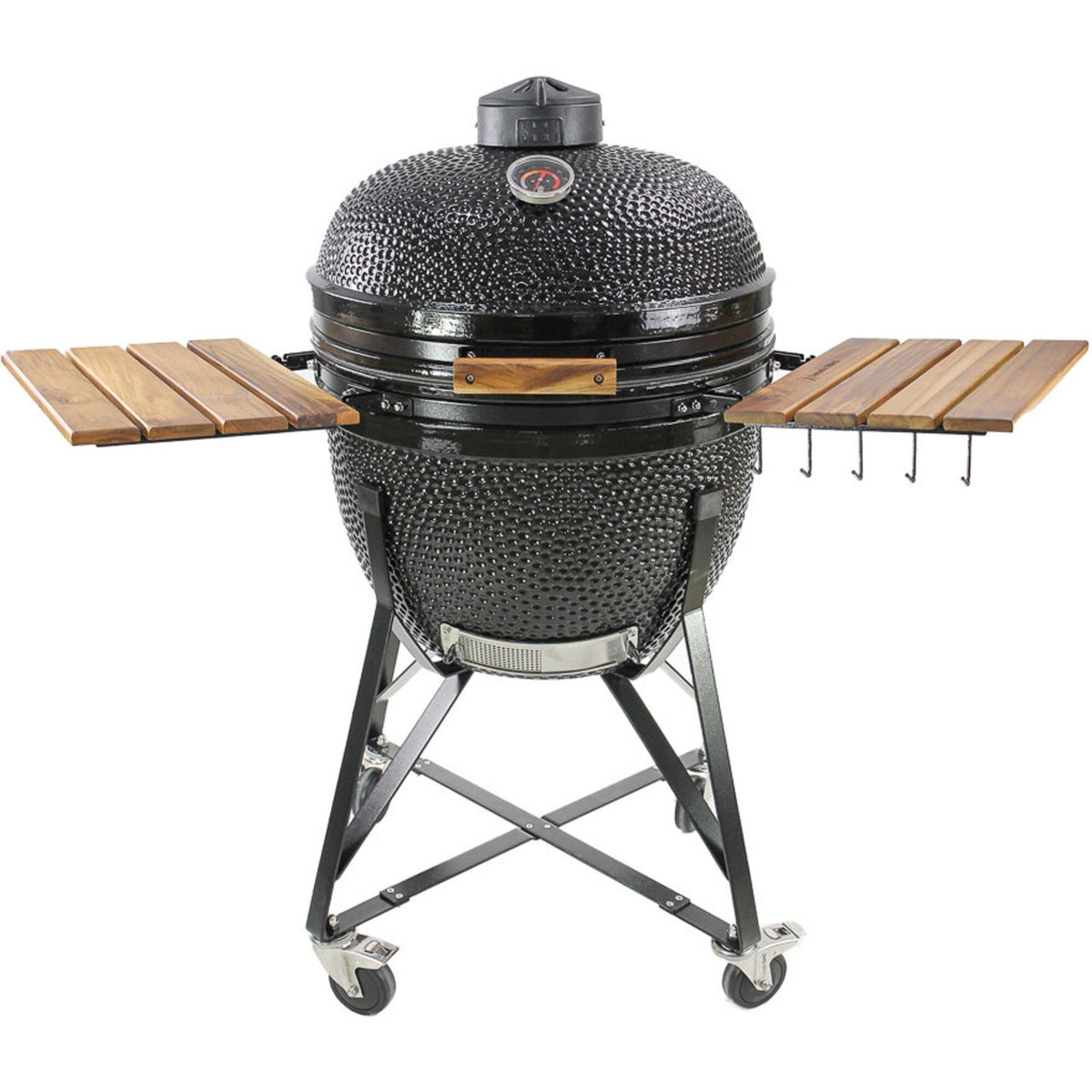 Sort Kamado Sumo Maxi kulgrill med to sideborde i bambus