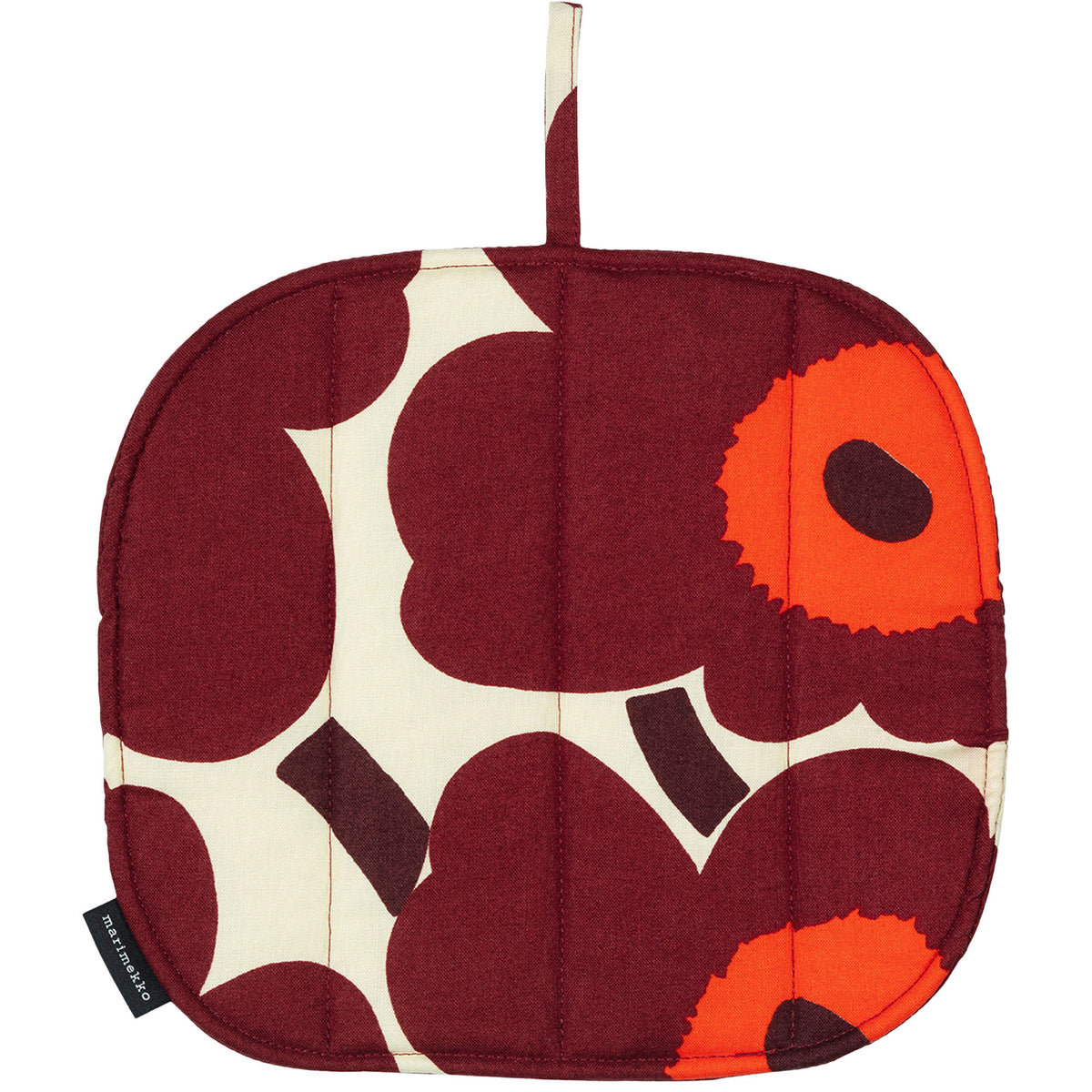 Marimekko Pieni Unikko grydelap med blomstermønster i vanilje, vinrød og rød