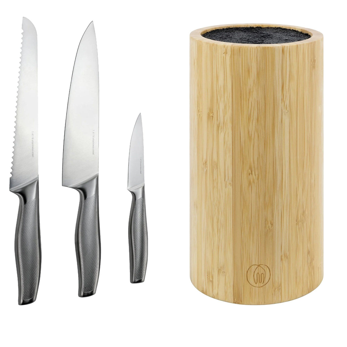 Essentials knivsæt med tre knive og knivblok i bambus