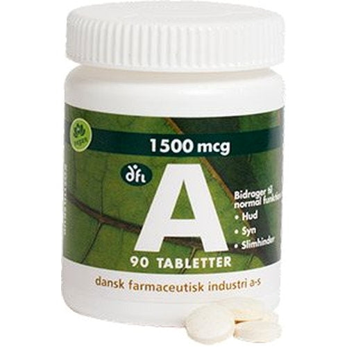 Glas med Grønne dfi vitaminer A-vitamin 1500 mcg/5000 ie, 90 tabletter