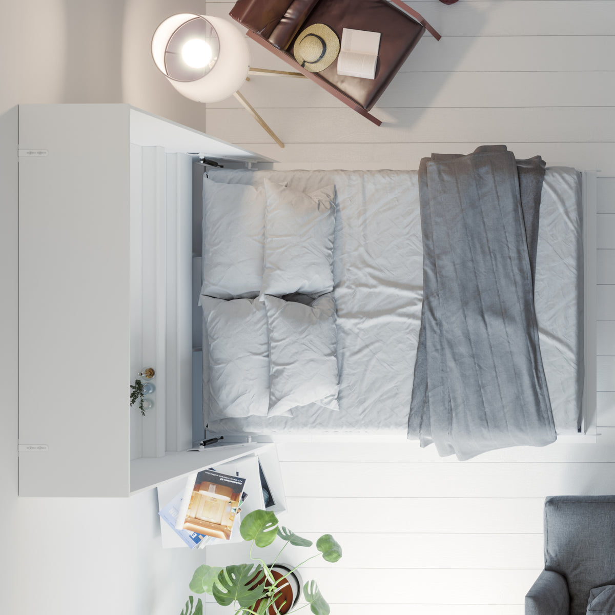 Hvid NORDIC skabsseng i høj model, 140x200 cm, med hvid front