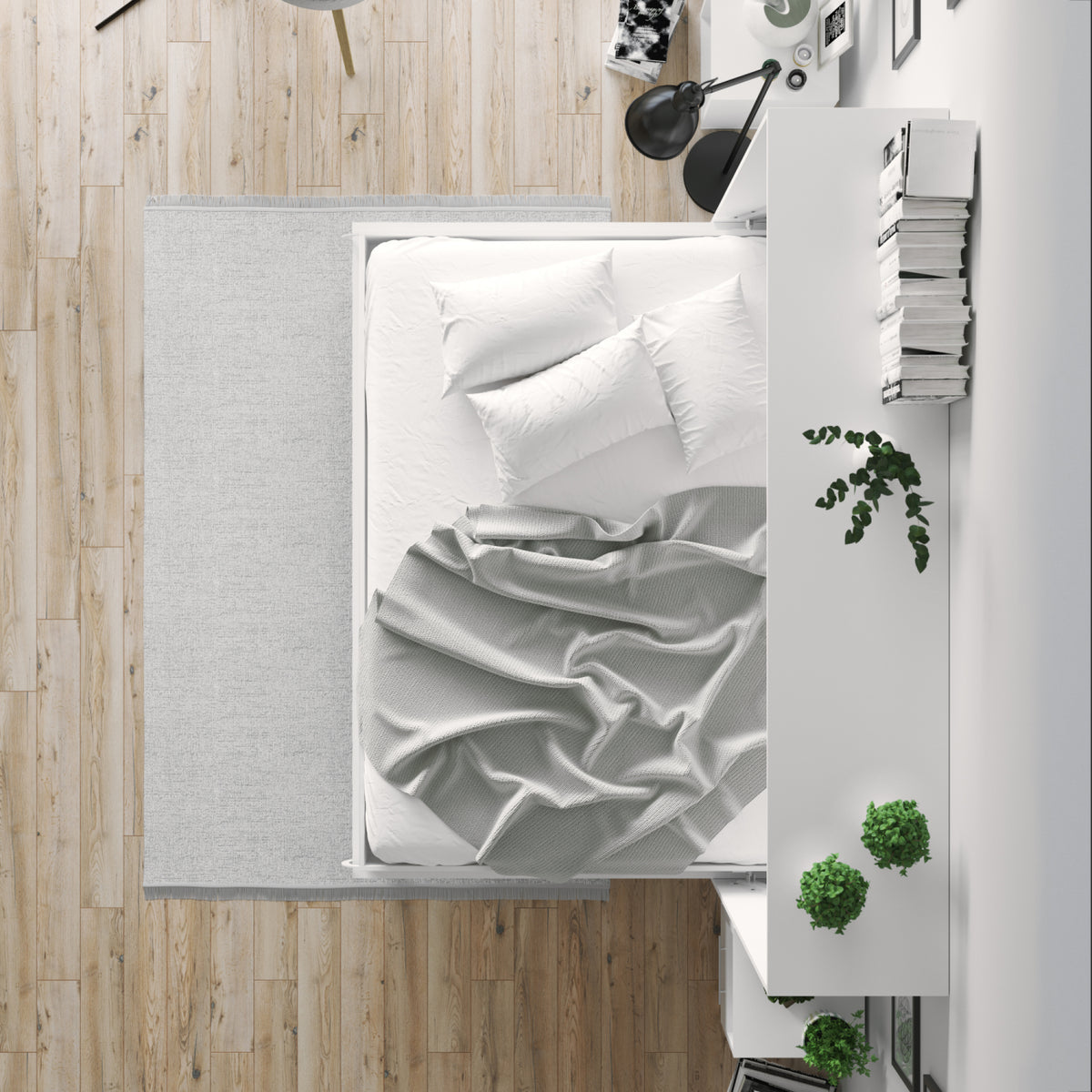 Hvid NORDIC skabsseng i lav model, 140x200 cm, med hvidt skab og hvid front