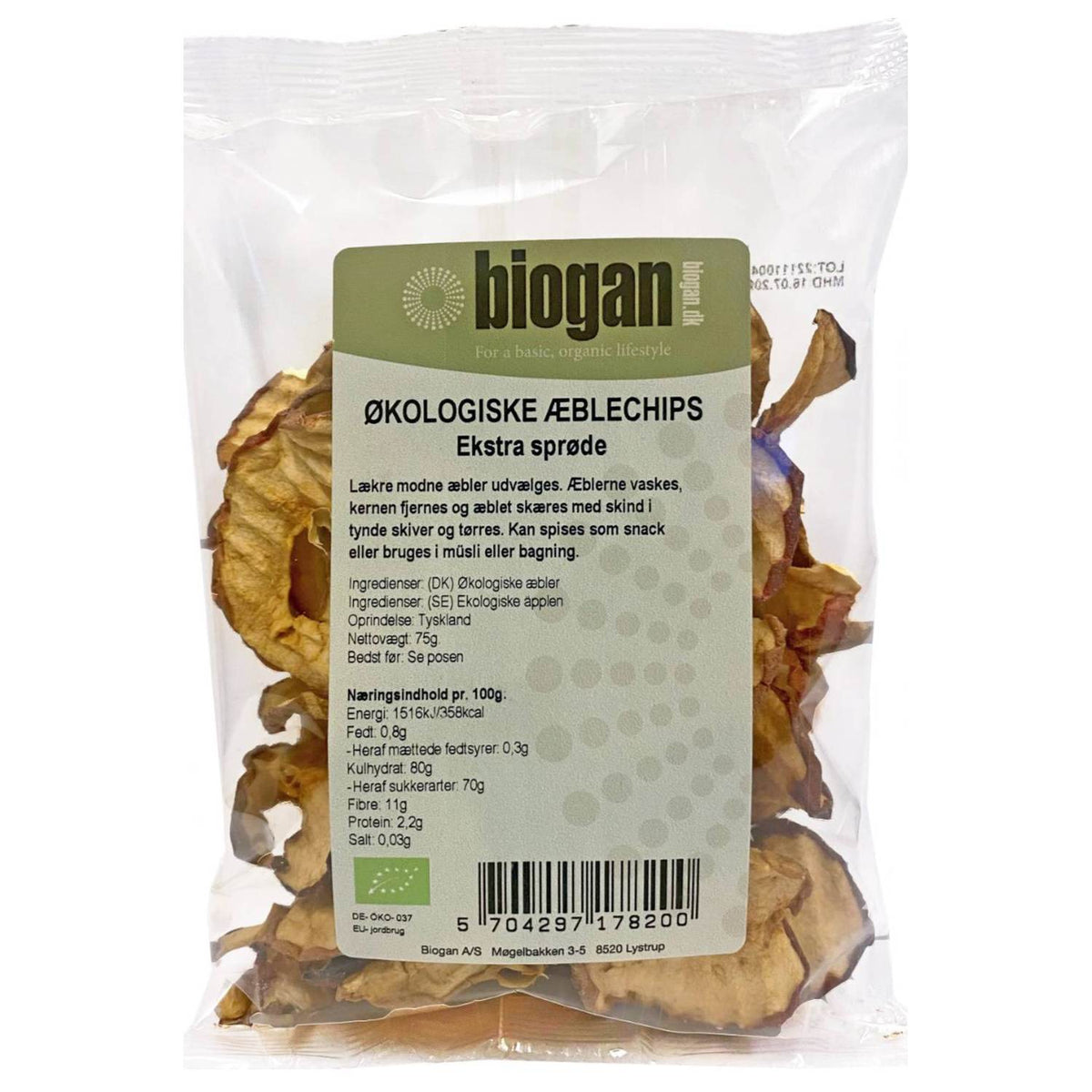 Pose med økologiske æblechips fra Biogan, 75 gram