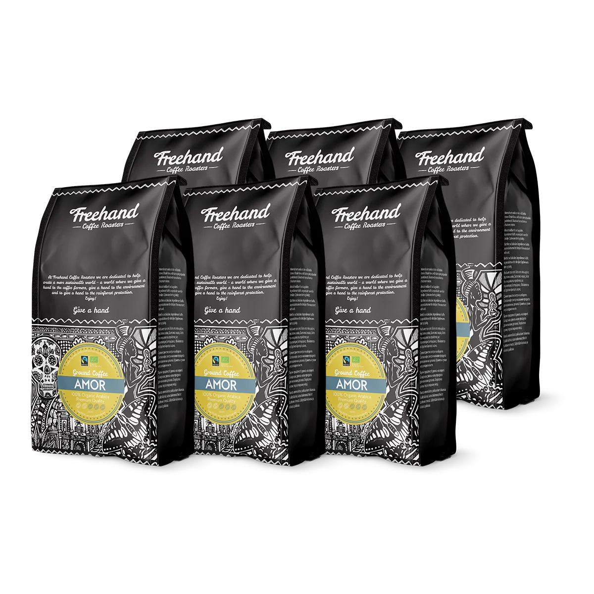 Pakke med Freehand Amor formalet filterkaffe på 6 kg, mellemristet Arabica