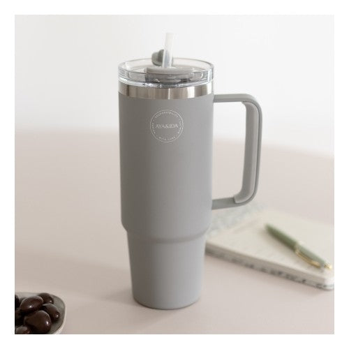 Aya&ida termokop med hank og skruelåg med sugerør, 885 ml, i light grey