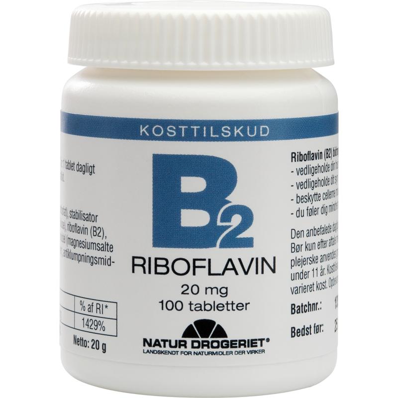 Pakning med Natur-Drogeriet B2 Riboflavin 20 mg, 100 tabletter