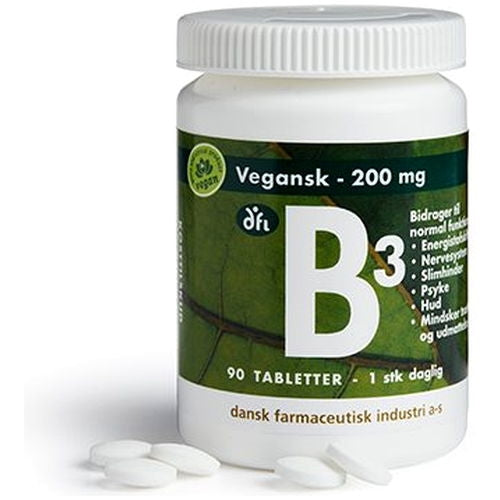 Glas med Grønne dfi vitaminer B3 depottabletter 200 mg, 90 tabletter