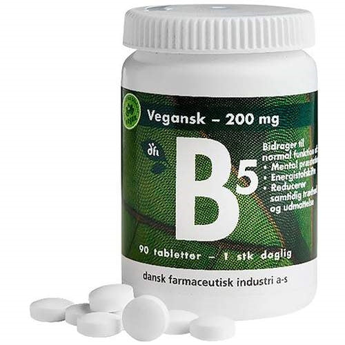 Pakke med Grønne dfi vitaminer B5 vitamin 200 mg, vegansk, 90 tabletter