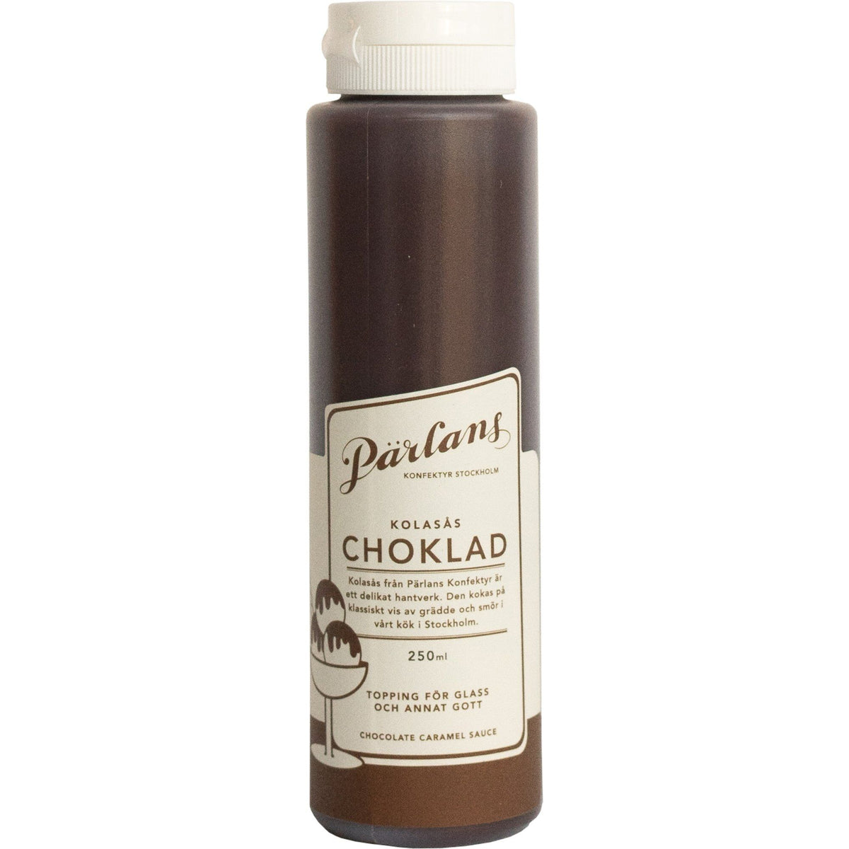 Pärlans Squeeze karamelsauce med chokolade i flaske på 250 ml