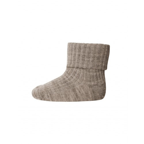 MP Denmark baby ankelstrømper i merino uld med ombuk i light brown melange, str. 29/32