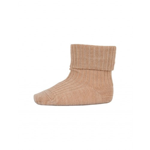 MP Denmark ankelstrømper i merino uld med ombuk, camel melange, størrelse 22/24