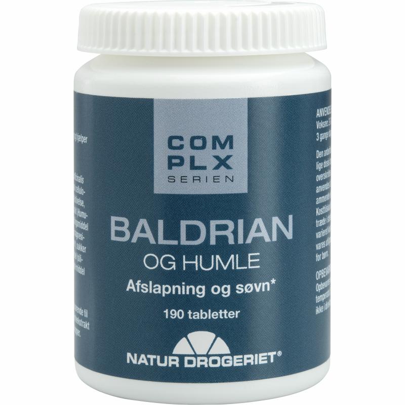 Glas med Baldrian & Humle tabletter fra Natur-Drogeriet, 190 stk.