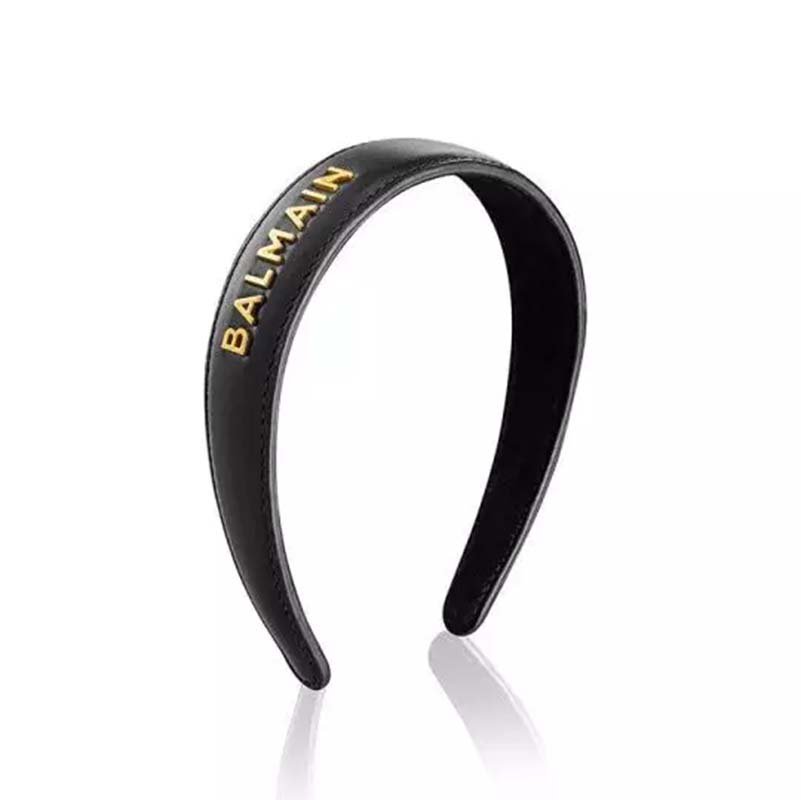 Balmain Black Leather Headband, sort hårbøjle i napa-læder med guldbelagt logo