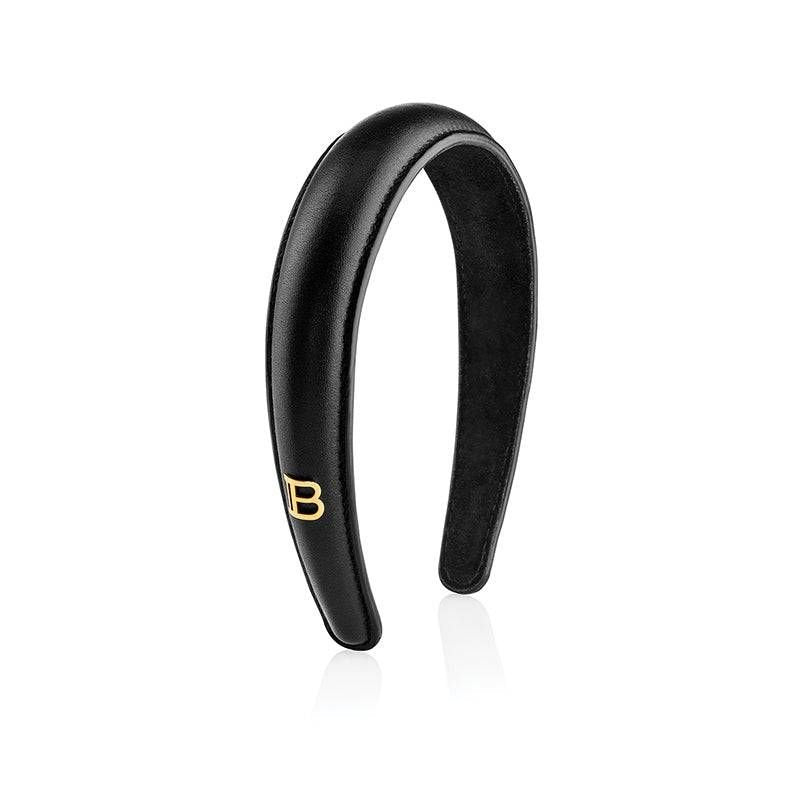 Balmain Black Leather Puffed Headband, sort puffet hårbøjle med guldbelagt logo