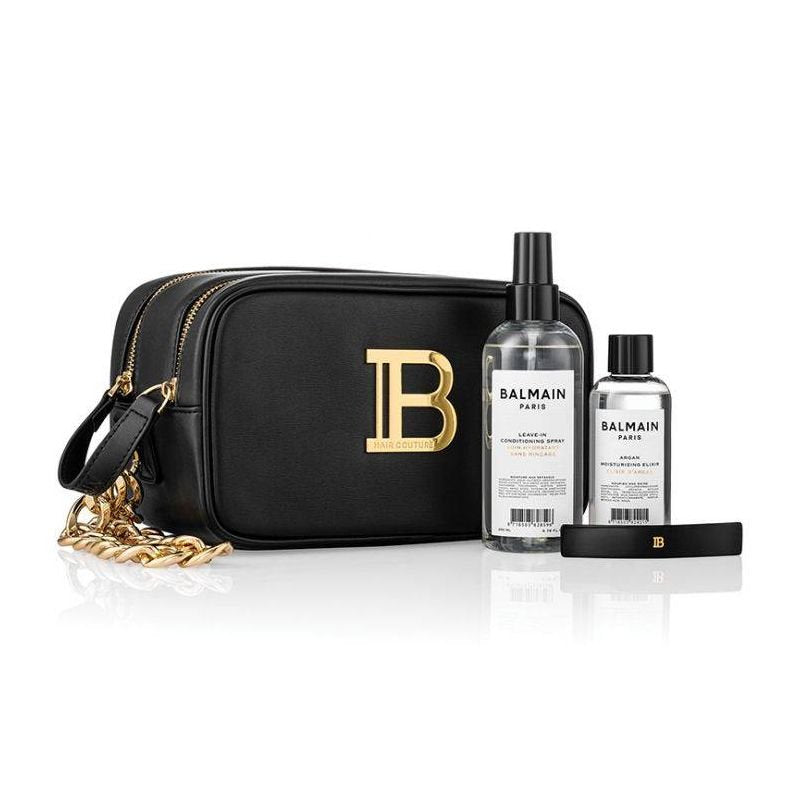 Balmain Signature Bag gavesæt i vegansk lædertaske med leave-in spray, argan elixir og barrette