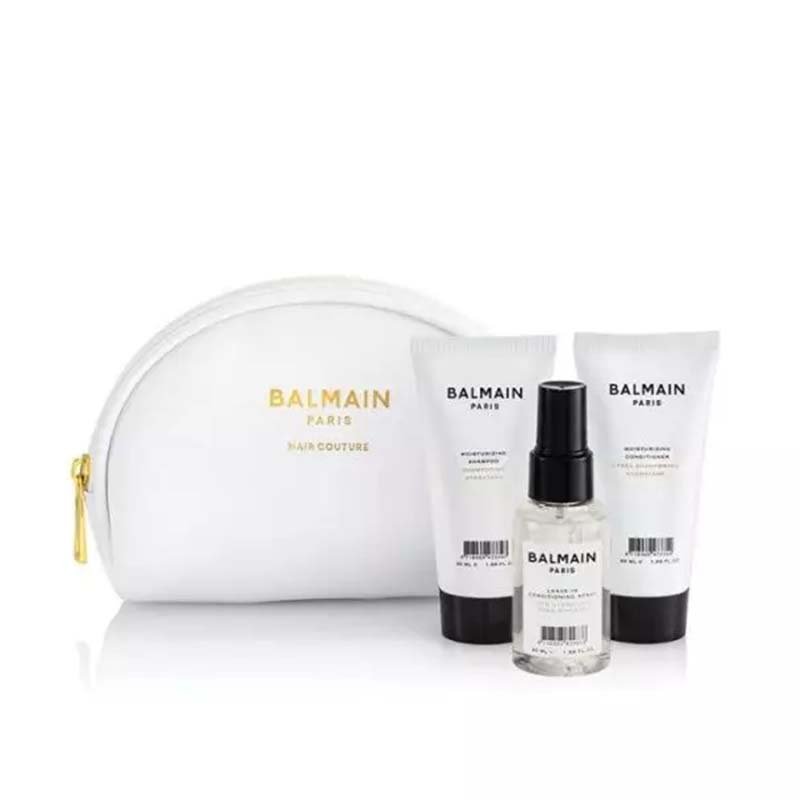 Balmain White Cosmetic Care Bag, hvid kosmetiktaske med shampoo, conditioner og leave-in spray i rejsestørrelse