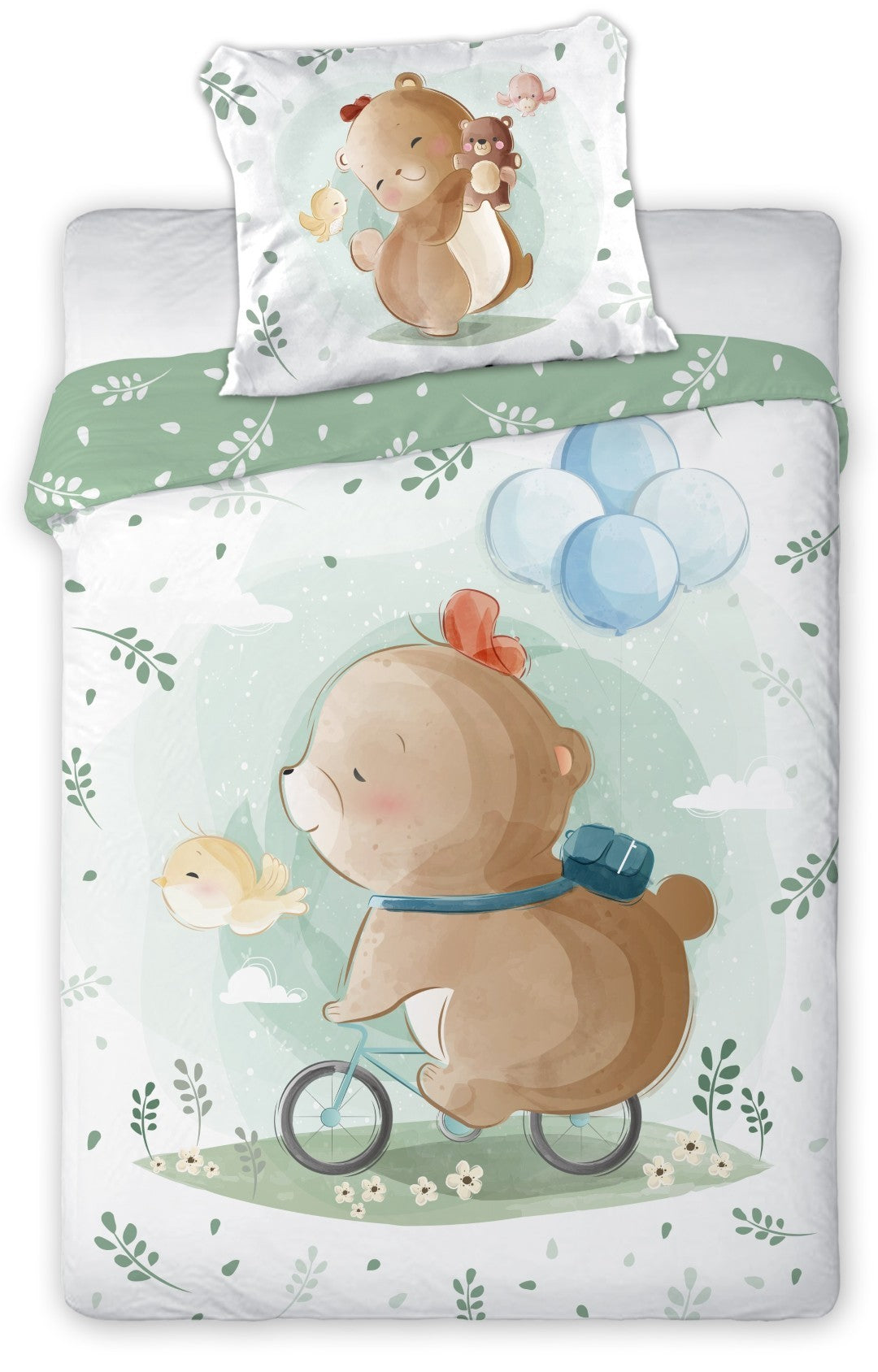 Junior sengetøj med bamse på cykel, blade, skyer og balloner i grønne nuancer