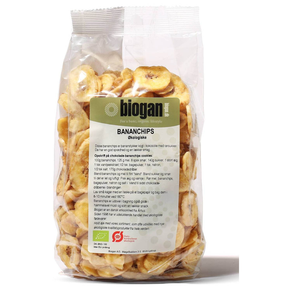 Stor pose med økologiske bananchips fra Biogan, 400 gram