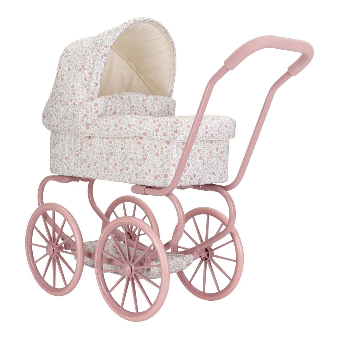 Hvid og rosa barnevogn til dukker fra Little Dutch med rosa stel og blomstret betræk