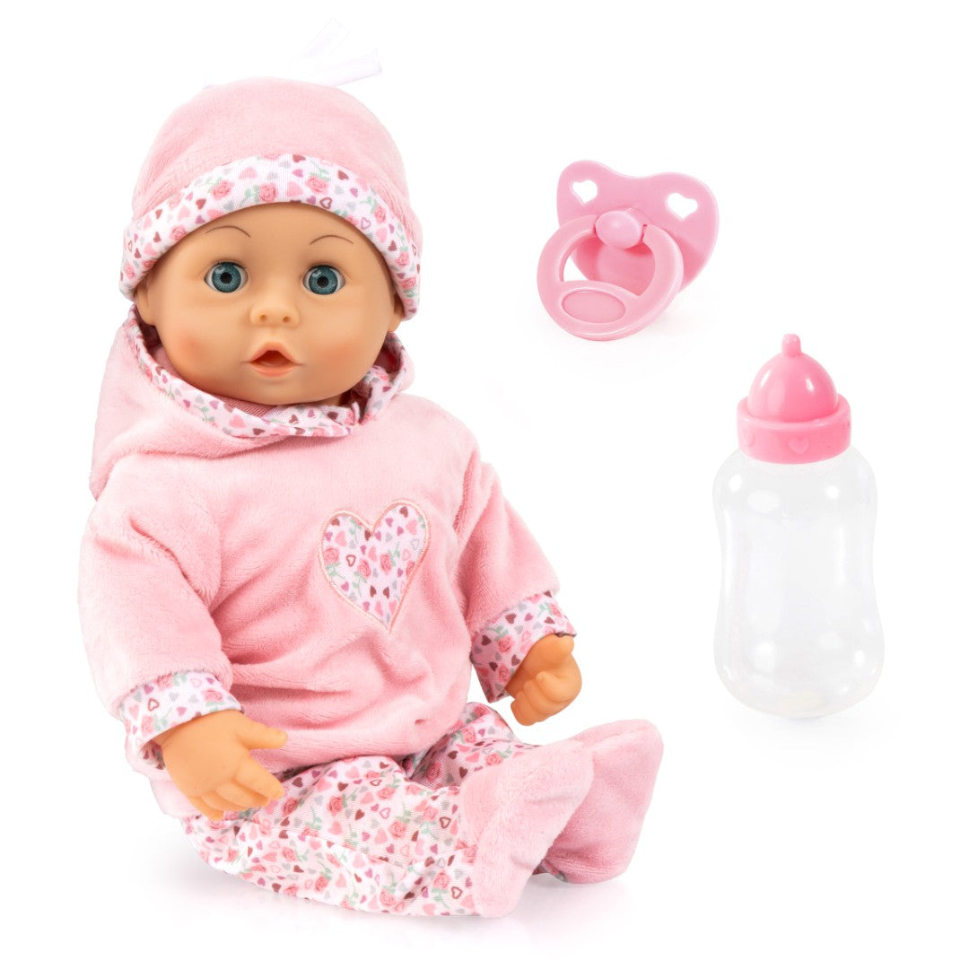 Bayer Design First Words babydukke på 38 cm med sut og flaske, Hjerte-udgaven