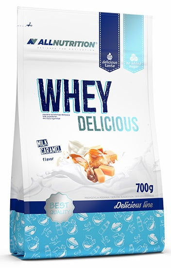 Pose med Allnutrition Whey Delicious valleproteinpulver med cookiessmag, 700 g