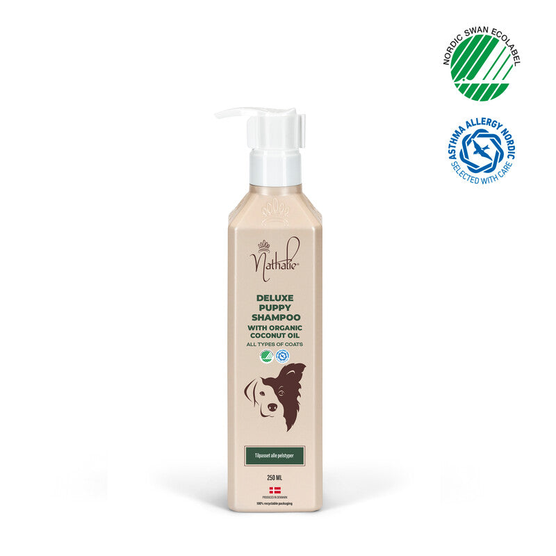 Flaske med Nathalie Deluxe Puppy Shampoo, 250 ml, plejeprodukt til hunde