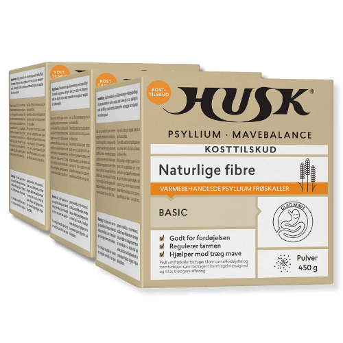 Tre pakker HUSK Psyllium Mavebalance kosttilskud, 450 g pr. pakke