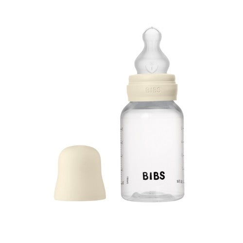 Bibs sutteflaske i plast med låg og rund latexsut, komplet sæt på 150 ml