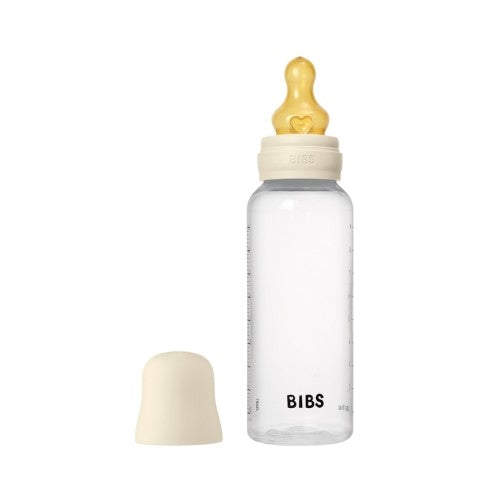 BIBS sutteflaske i plast på 270 ml med låg og flaskesut i latex