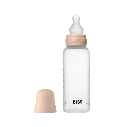 BIBS Baby Bottle sutteflaske i plast på 270 ml med måleskema, låg og rund flaskesut