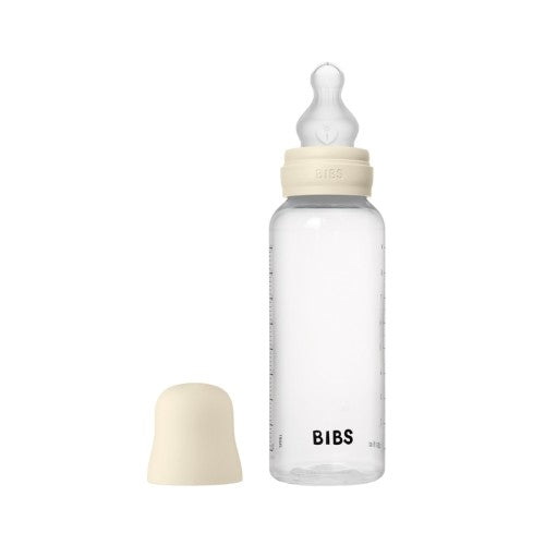 BIBS sutteflaske i plast, komplet sæt på 270 ml med låg og flaskesut i latex