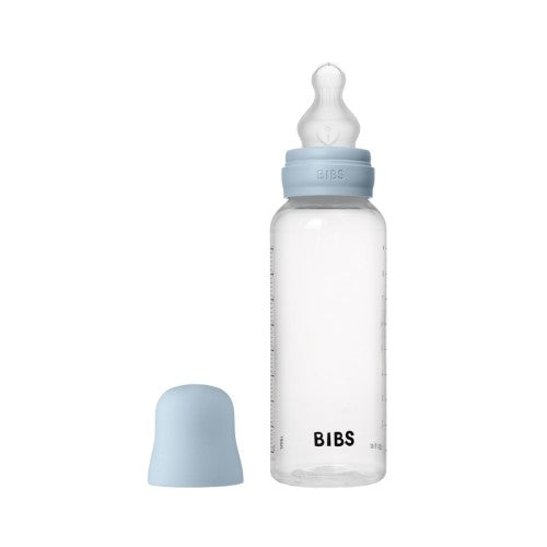 BIBS sutteflaske i plast på 270 ml som komplet sæt med låg og rund flaskesut i latex