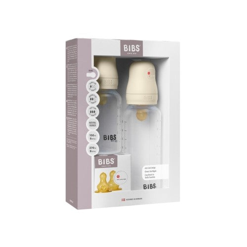 BIBS sæt med to sutteflasker i plast, 150 ml og 270 ml, med låg og latexsut