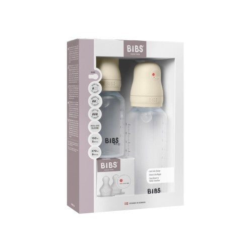 BIBS komplet flaskesæt med to plastflasker på 150 ml og 270 ml, låg og latexsut