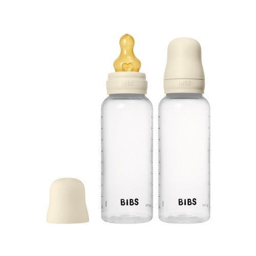 Bibs Bottle sæt med to sutteflasker på 270 ml i plast med låg og latexsut