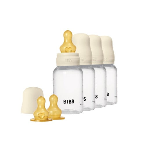 Sæt med fire sutteflasker i plast på 150 ml fra BIBS med låg og latexsut