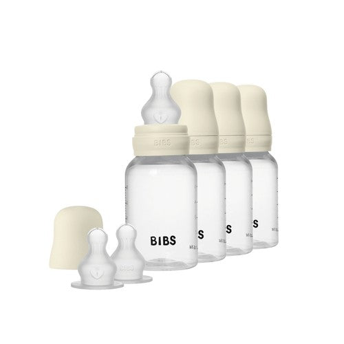 Sæt med fire BIBS sutteflasker i plast, 150 ml, med låg og silikonesut