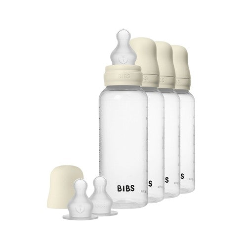Sæt med fire BIBS sutteflasker i plast, 270 ml, med låg og silikonesut