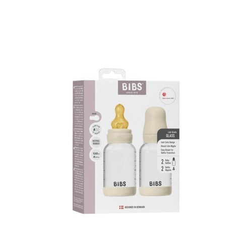 BIBS glas babyflaske 120 ml med sut af naturgummi latex i 2-pak